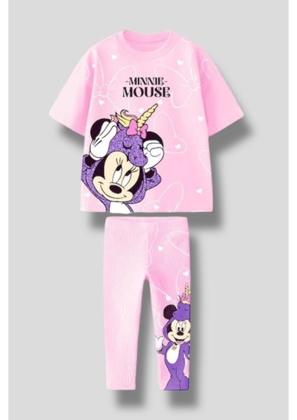 Kız Çocuk Minnie Mouse Unicorn Baskılı 2'li Takım - Kısa Kollu Tişört ve Desenli Tayt