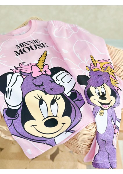 Kız Çocuk Minnie Mouse Unicorn Baskılı 2'li Takım - Kısa Kollu Tişört ve Desenli Tayt modelleri
