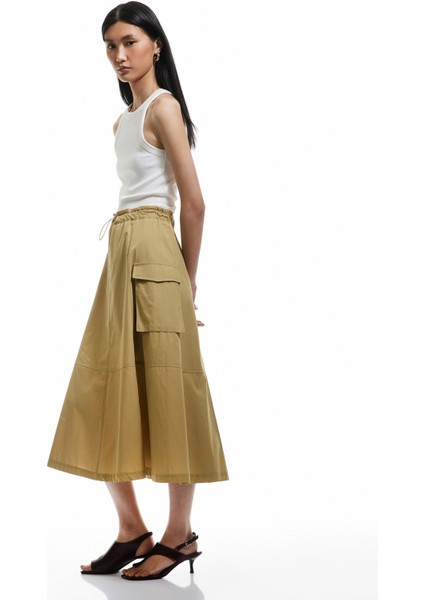 Pamuklu Kargo Cepli Poplin Uzun Kloş Etek