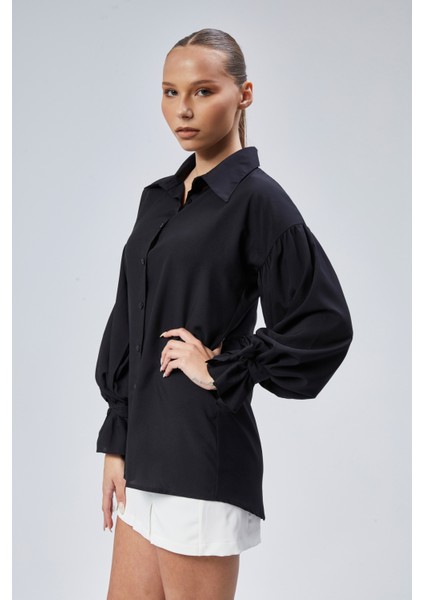 Oversize Büzgü Detaylı Saten Bluz Gömlek