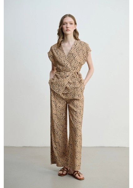 Leopar Desenli Bol Paça Pantolon - Camel fiyatları