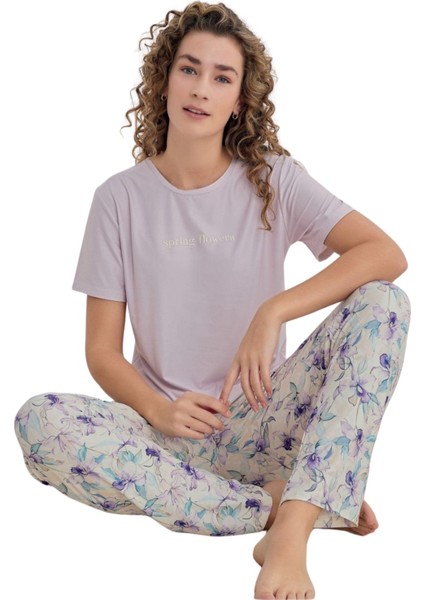 Likralı Marla Kumaş Kısa Kollu Altı Uzun Kadın Pijama Takımı