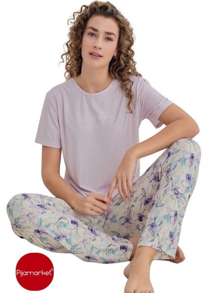 Likralı Marla Kumaş Kısa Kollu Altı Uzun Kadın Pijama Takımı