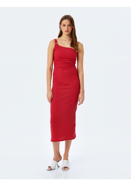 Drape Detaylı Slim Fit Midi Boy Tek Omuz Elbise
