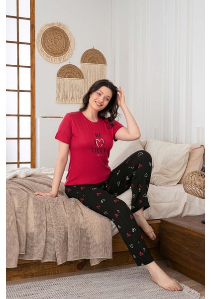 Kadın Düğmesiz Bisiklet Yaka Viskon Yazlık Kısa Kol Cepli Pijama Takımı