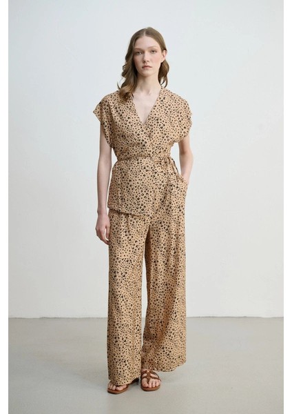 Leopar Desenli Bol Paça Pantolon - Camel