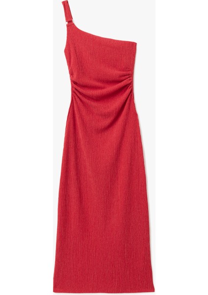 Drape Detaylı Slim Fit Midi Boy Tek Omuz Elbise