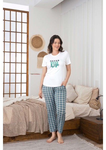Kadın Düğmesiz Bisiklet Yaka Viskon Yazlık Kısa Kol Cepli Pijama Takımı