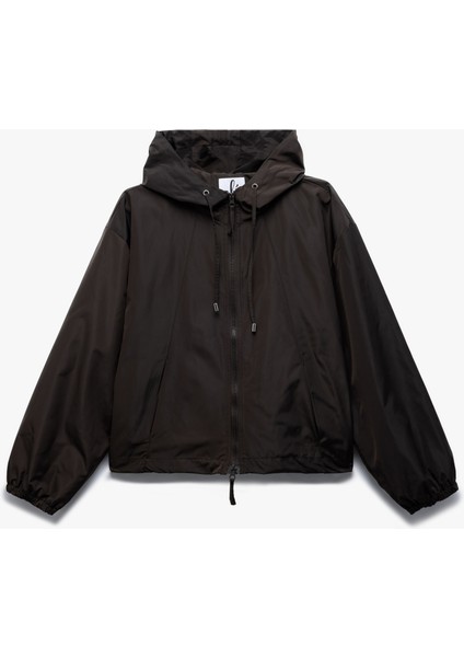 Kapüşonlu Uzun Kollu Şardonlu Fermuarlı Ceket