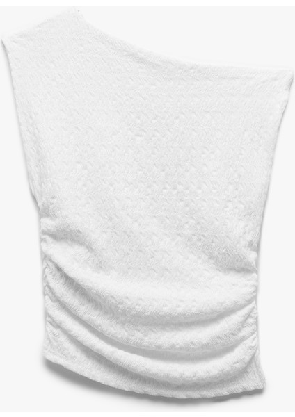 Tek Omuz Detaylı Dokulu Asimetrik Yaka Drapeli Kolsuz Tişört fırsatları