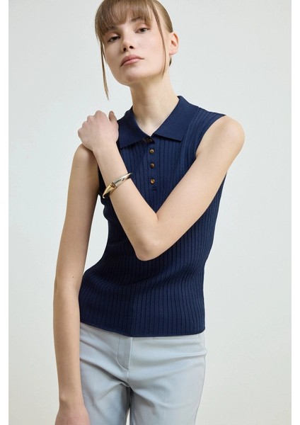 Polo Yaka Kolsuz Triko Bluz - Lacivert modelleri