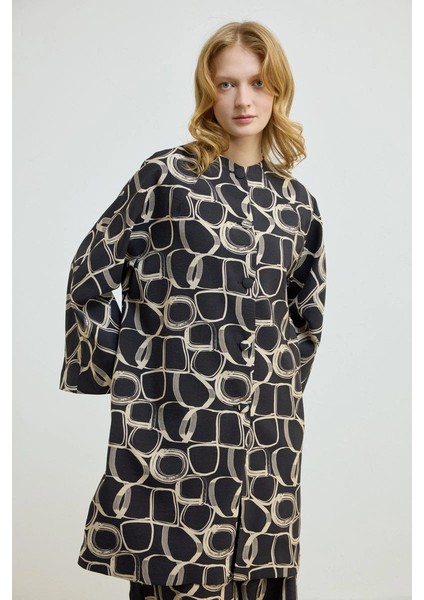 Desenli Yakasız Kaftan - Siyah