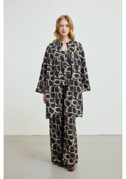 Desenli Yakasız Kaftan - Siyah fiyatları
