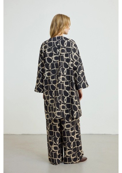 Desenli Yakasız Kaftan - Siyah fırsatları