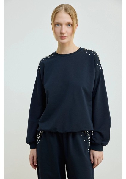 İnci Detaylı Pamuklu Sweatshirt - Lacivert