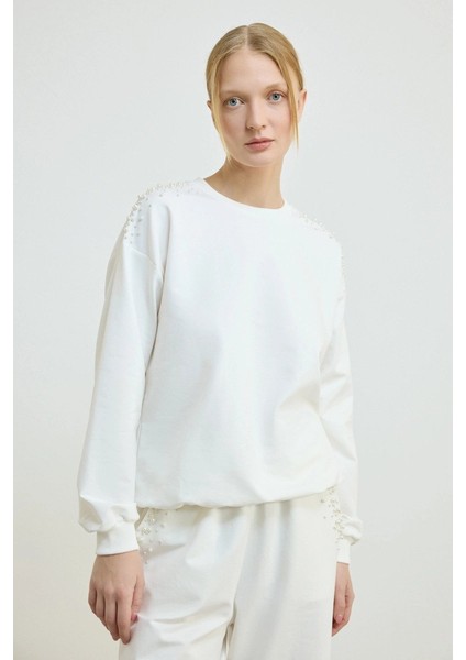 Inci Detaylı Pamuklu Sweatshirt Ekru