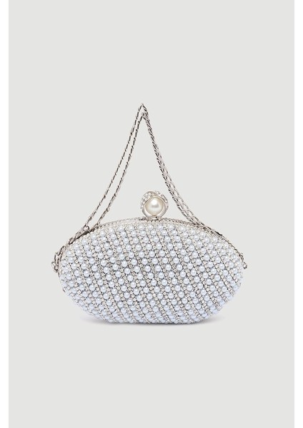 Inci Işlemeli Oval Abiye Clutch Çanta - Beyaz