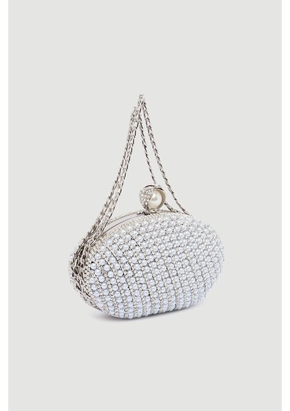 Inci Işlemeli Oval Abiye Clutch Çanta - Beyaz
