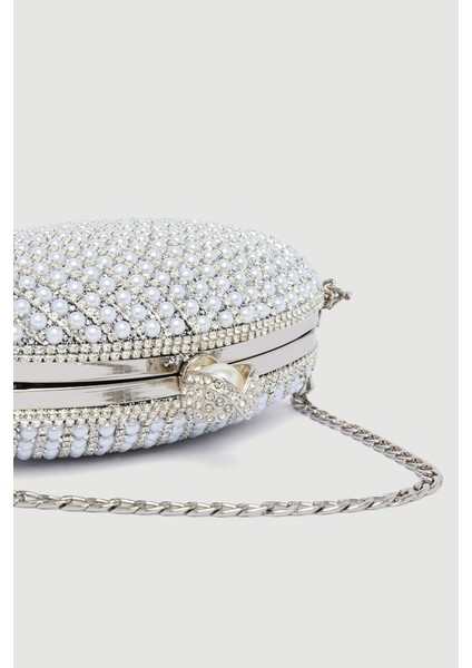 Inci Işlemeli Oval Abiye Clutch Çanta - Beyaz