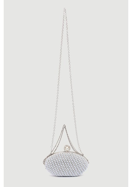 Inci Işlemeli Oval Abiye Clutch Çanta - Beyaz