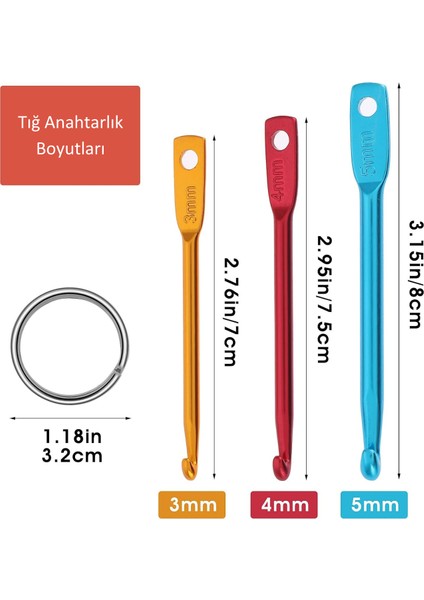3'lü Mini Alüminyum Tığ Seti | 3'lü Tığ Anahtarlık Seti | Seyahat Tipi Mini Tığ Seti | 3-4-5 mm
