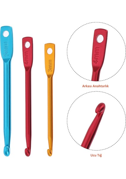 3'lü Mini Alüminyum Tığ Seti | 3'lü Tığ Anahtarlık Seti | Seyahat Tipi Mini Tığ Seti | 3-4-5 mm