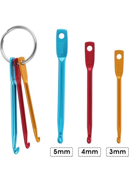 3'lü Mini Alüminyum Tığ Seti | 3'lü Tığ Anahtarlık Seti | Seyahat Tipi Mini Tığ Seti | 3-4-5 mm