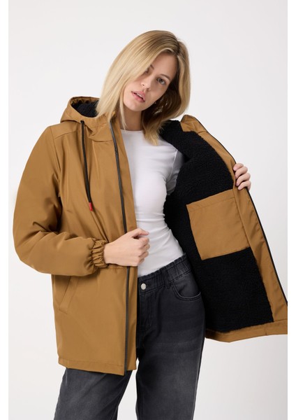Kadın Taba Kürklü Su ve Rüzgar Geçirmez Kapüşonlu Kışlık Mont & Kaban & Parka FMM-100-K