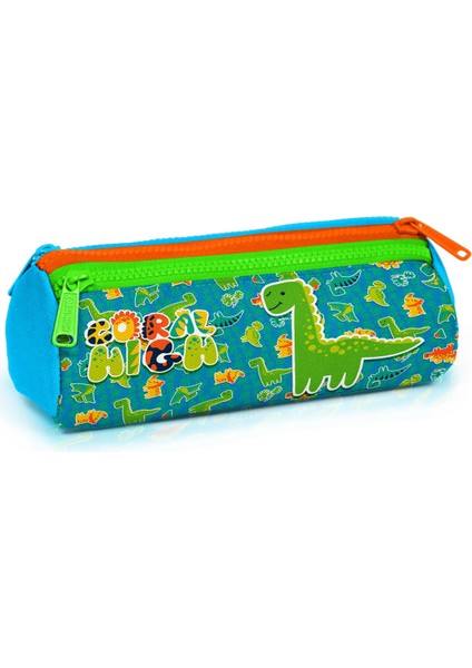 Kids Mavi Yeşil Dinozor Desenli Üç Bölmeli Kalem Çantası 22148