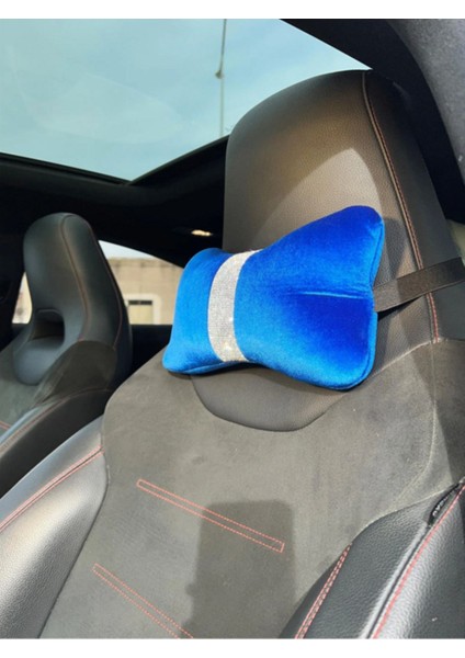 Saksmavi Düz Kadife Gümüş Dik Şeritli Boyun Yastığı 1 Adet