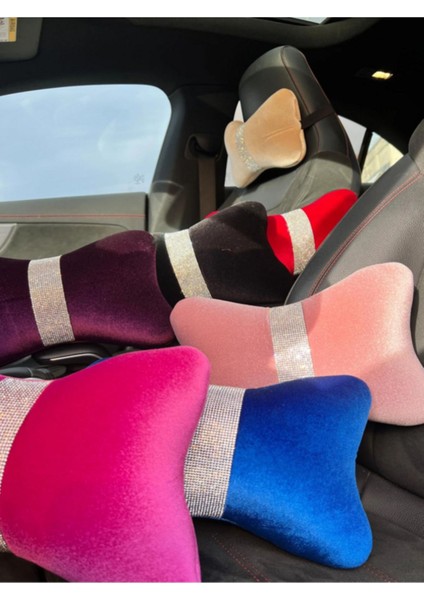 Saksmavi Düz Kadife Gümüş Dik Şeritli Boyun Yastığı 1 Adet modelleri