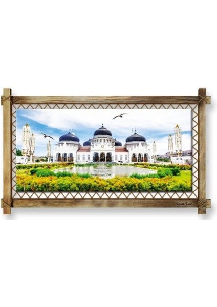 Kanvas Beyaz Camii LED Işıklı Rustik Tablo