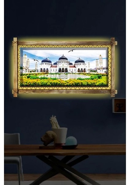 Kanvas Beyaz Camii LED Işıklı Rustik Tablo