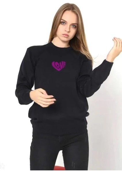 Unisex Bisiklet Yaka Baskılı Dokuma Triko - Siyah