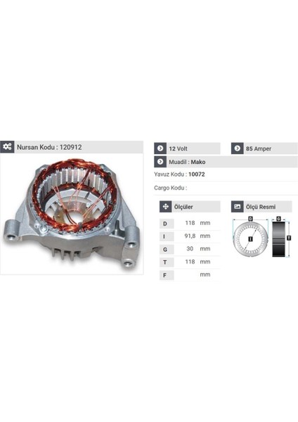 ALTERNATÖR ÖN KAPAK MARELLI-DENSO TİPİ 85 A (STATÖRLÜ) FIAT-OPEL 1.2/1.3/1.4