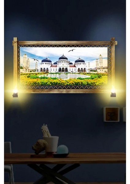 Kanvas Beyaz Camii Rustik Lambalı Tablo
