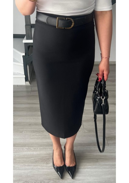 Siyah Premium Midi Boy Yırtmaçlı Kalem Etek