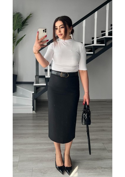 Siyah Premium Midi Boy Yırtmaçlı Kalem Etek fiyatları