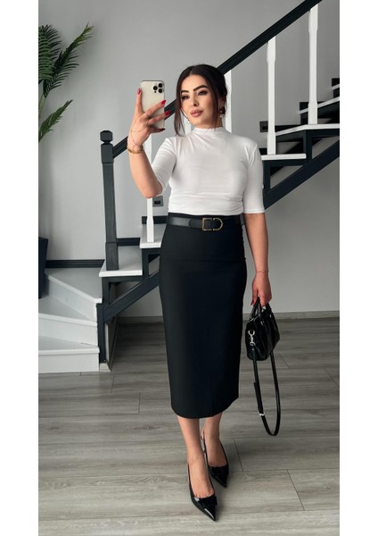 Siyah Premium Midi Boy Yırtmaçlı Kalem Etek modelleri