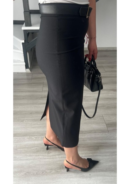 Siyah Premium Midi Boy Yırtmaçlı Kalem Etek fırsatları