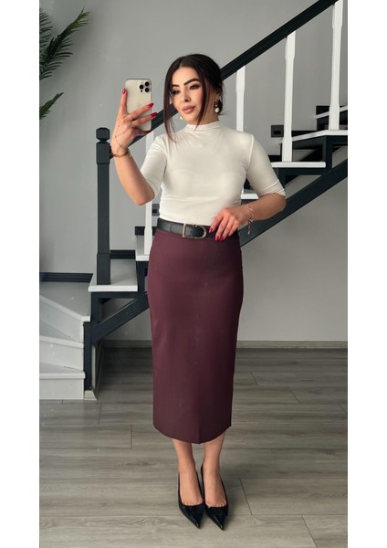 Mürdüm Premium Midi Boy Yırtmaçlı Kalem Etek modelleri