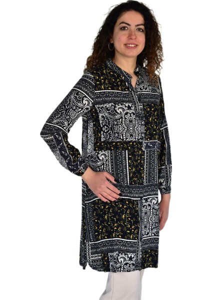 Kadın Uzun Pano Baskılı Desen Viscon Bluz BGL-ST04295