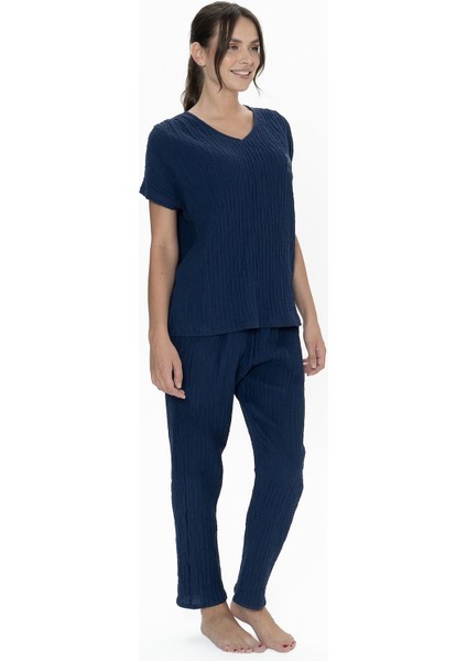 20015 Kadın Muslin Kumaş Kısa Kollu V Yaka Pijama Takım-Lacivert modelleri