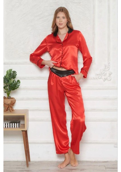 1202 Kadın Saten Uzun Kollu Gömlek Pijama TakımKırmızı