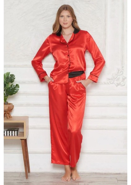 1202 Kadın Saten Uzun Kollu Gömlek Pijama TakımKırmızı fiyatları