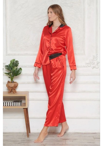 1202 Kadın Saten Uzun Kollu Gömlek Pijama TakımKırmızı modelleri