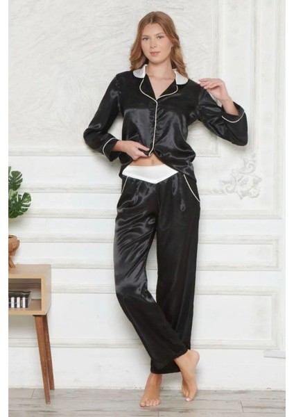 1201 Kadın Saten Uzun Kollu Gömlek Pijama TakımSiyah
