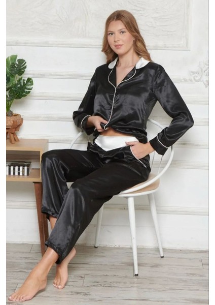 1201 Kadın Saten Uzun Kollu Gömlek Pijama TakımSiyah fiyatları