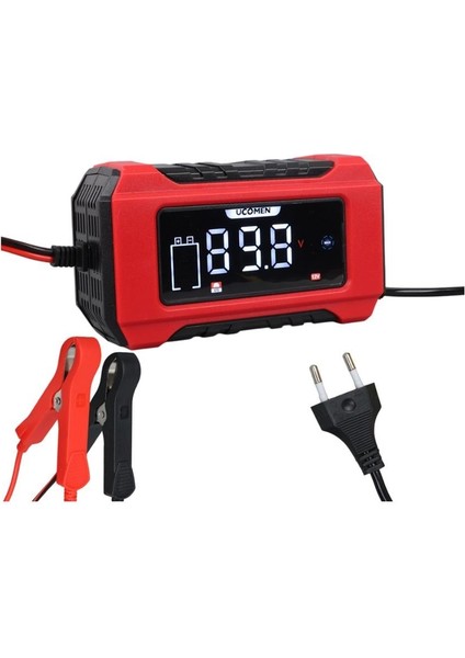 Ucomen 12V Şarj Redresörü (Akıllı Akü Şarj Cihazı) Otomatik 6 A LCD Büyük Ekran Kırmızı (+Agm/jel)