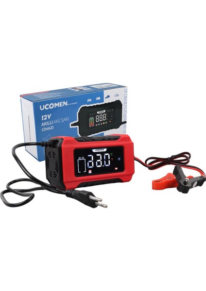 Ucomen 12V Şarj Redresörü (Akıllı Akü Şarj Cihazı) Otomatik 6 A LCD Büyük Ekran Kırmızı (+Agm/jel)